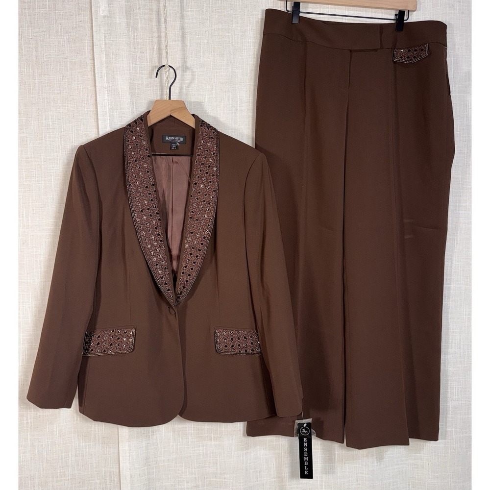 NEW JOHN MEYER Collection Women's‎ Suit Sz 18 Blazer Pants Brown Trousers Beaded